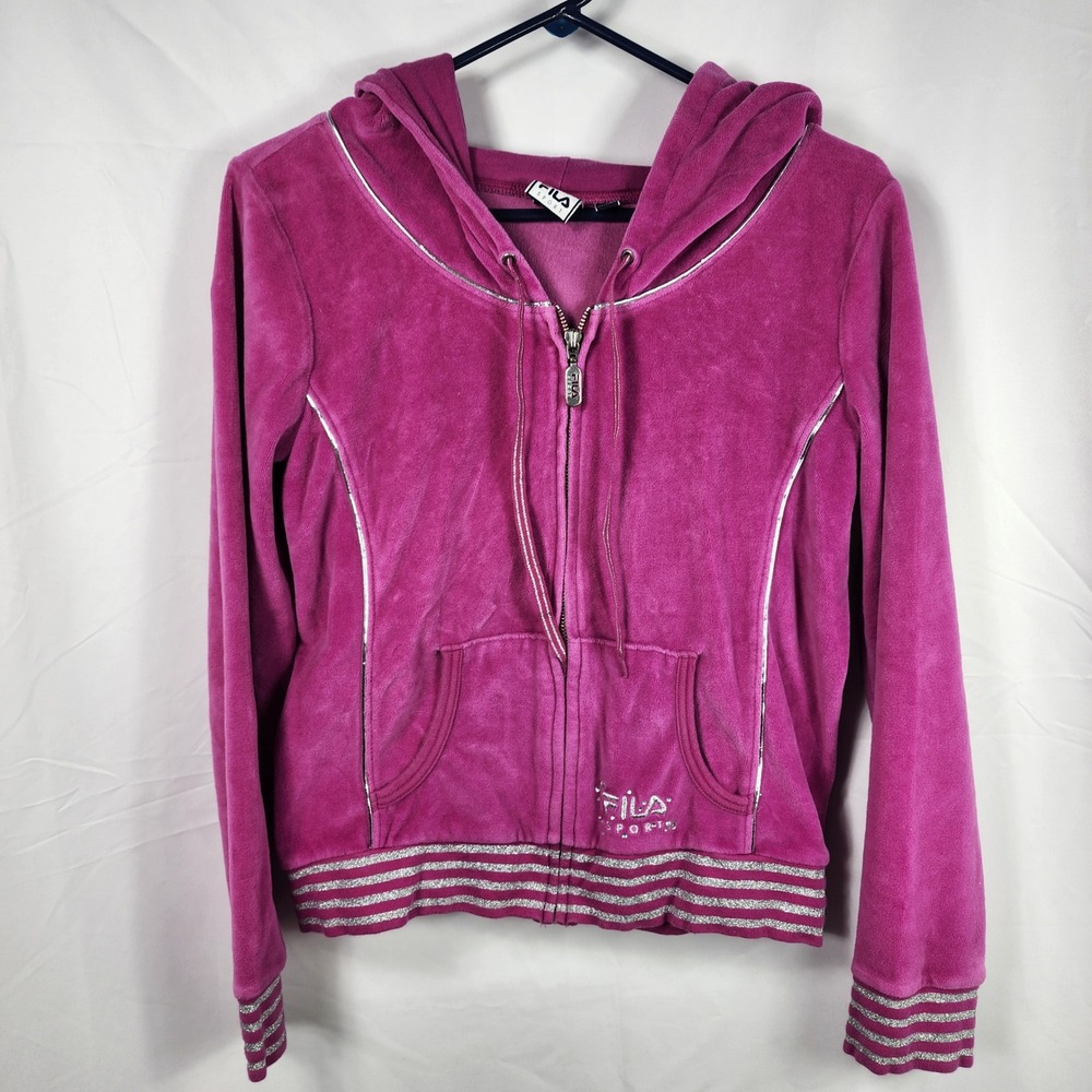 Fila Sport Velour Zip Hoodie Pink Rhinestone Logo Womens Large Y2K Streetwear